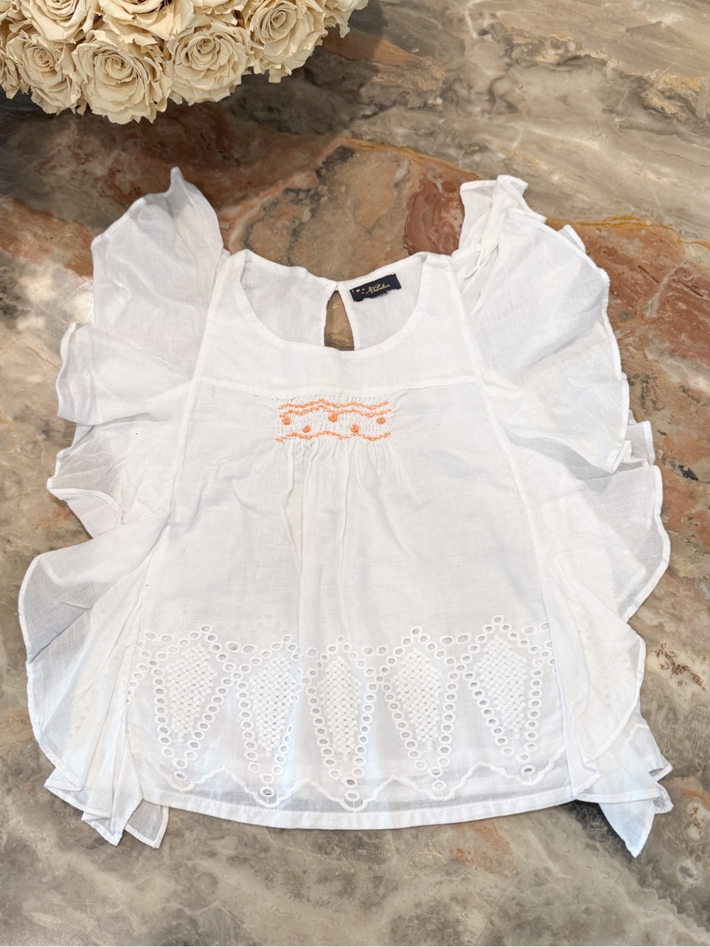 Velveteen Girls White Cotton Eyelet Ruffle Blouse Embroidered 4T